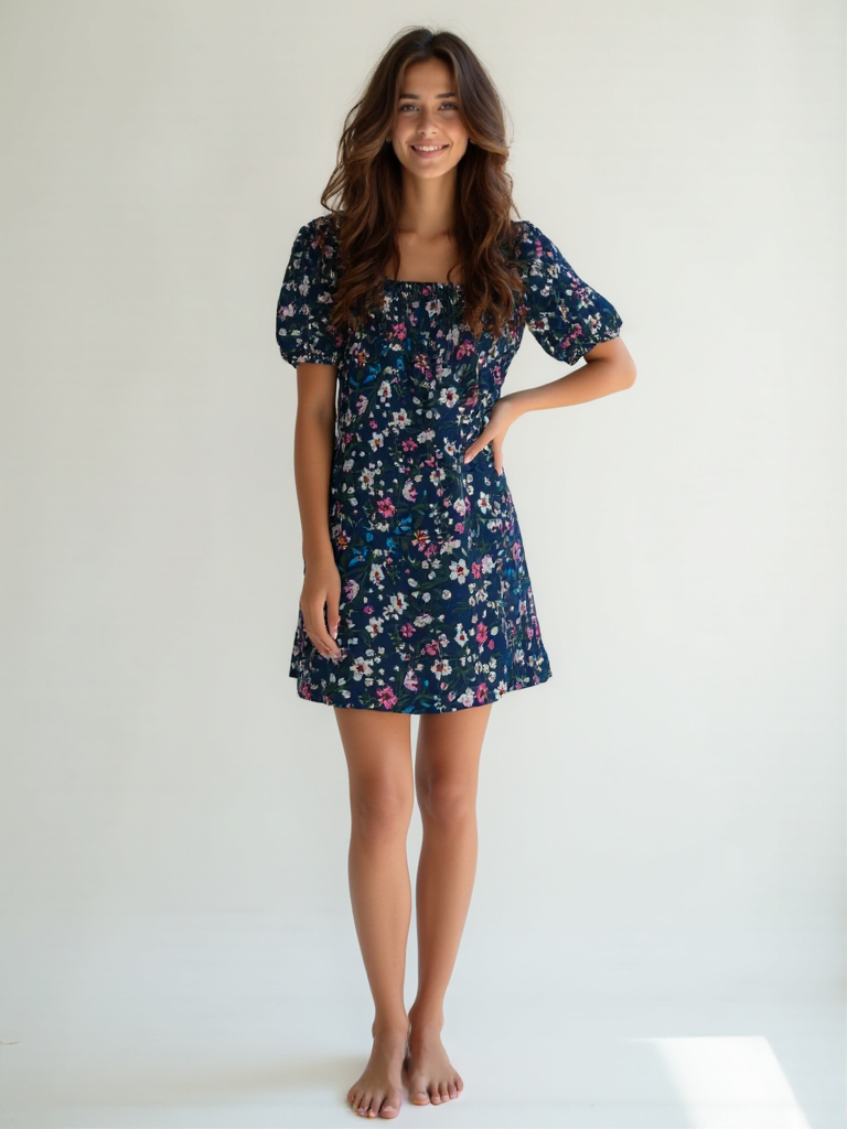 Handloom Cotton Floral Puff Sleeve Mini Dress for Women