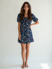 Handloom Cotton Floral Puff Sleeve Mini Dress for Women