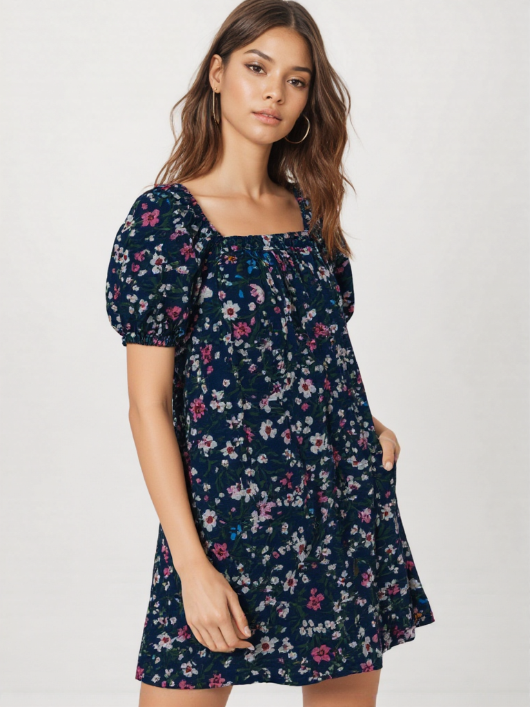 Handloom Cotton Floral Puff Sleeve Mini Dress for Women