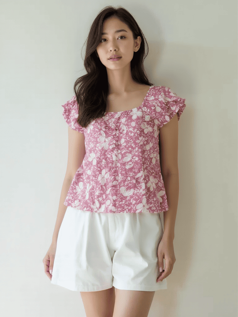Floral Cotton Ruffle Sleeve Top for Women