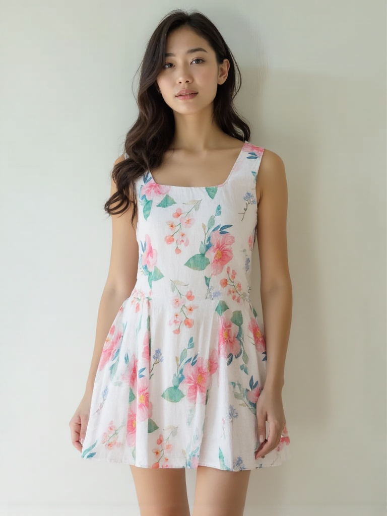 Pastel Floral Linen Cotton Mini Dress for Women