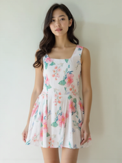 Pastel Floral Linen Cotton Mini Dress for Women