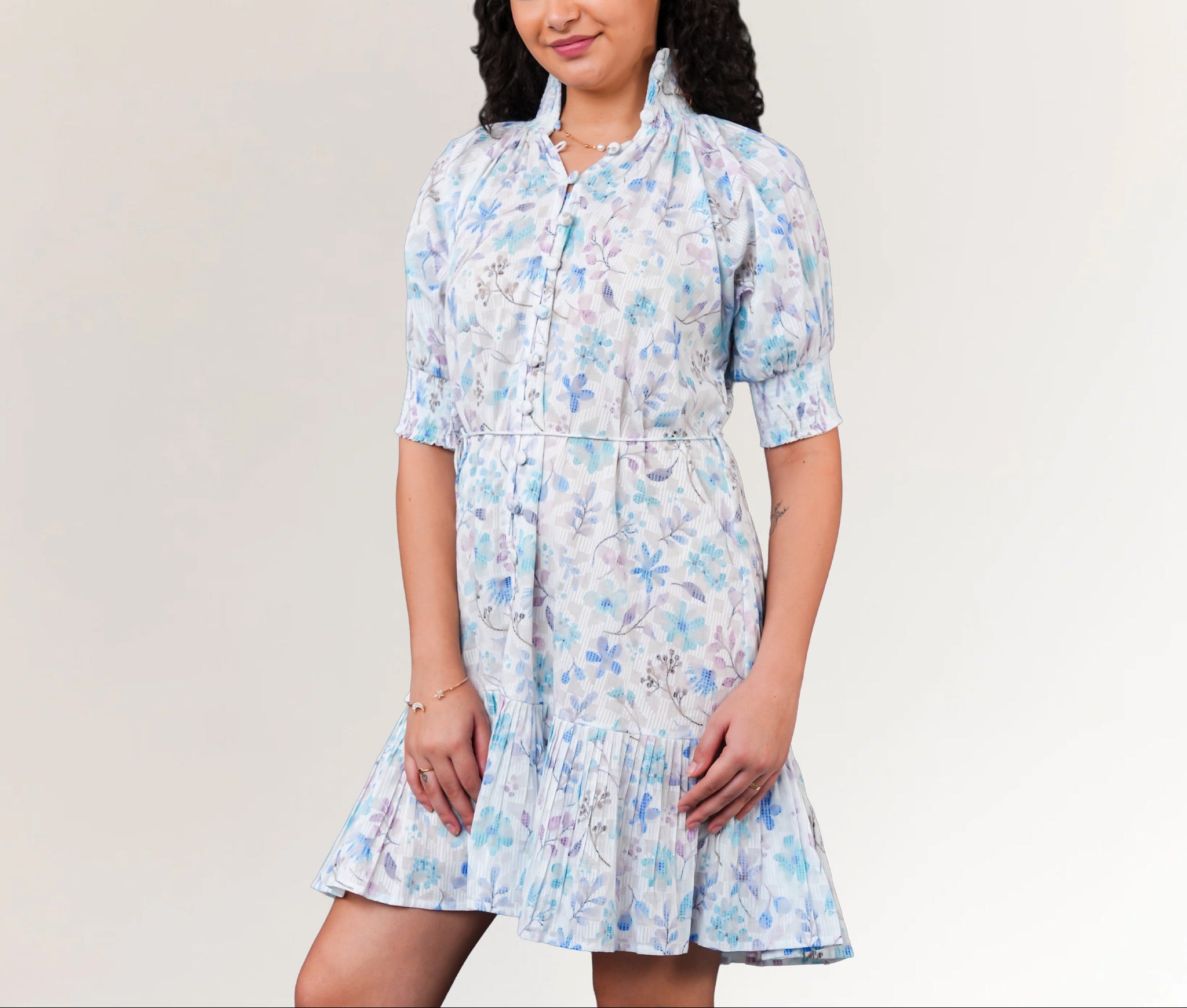 Cotton dobby floral mini dress for women