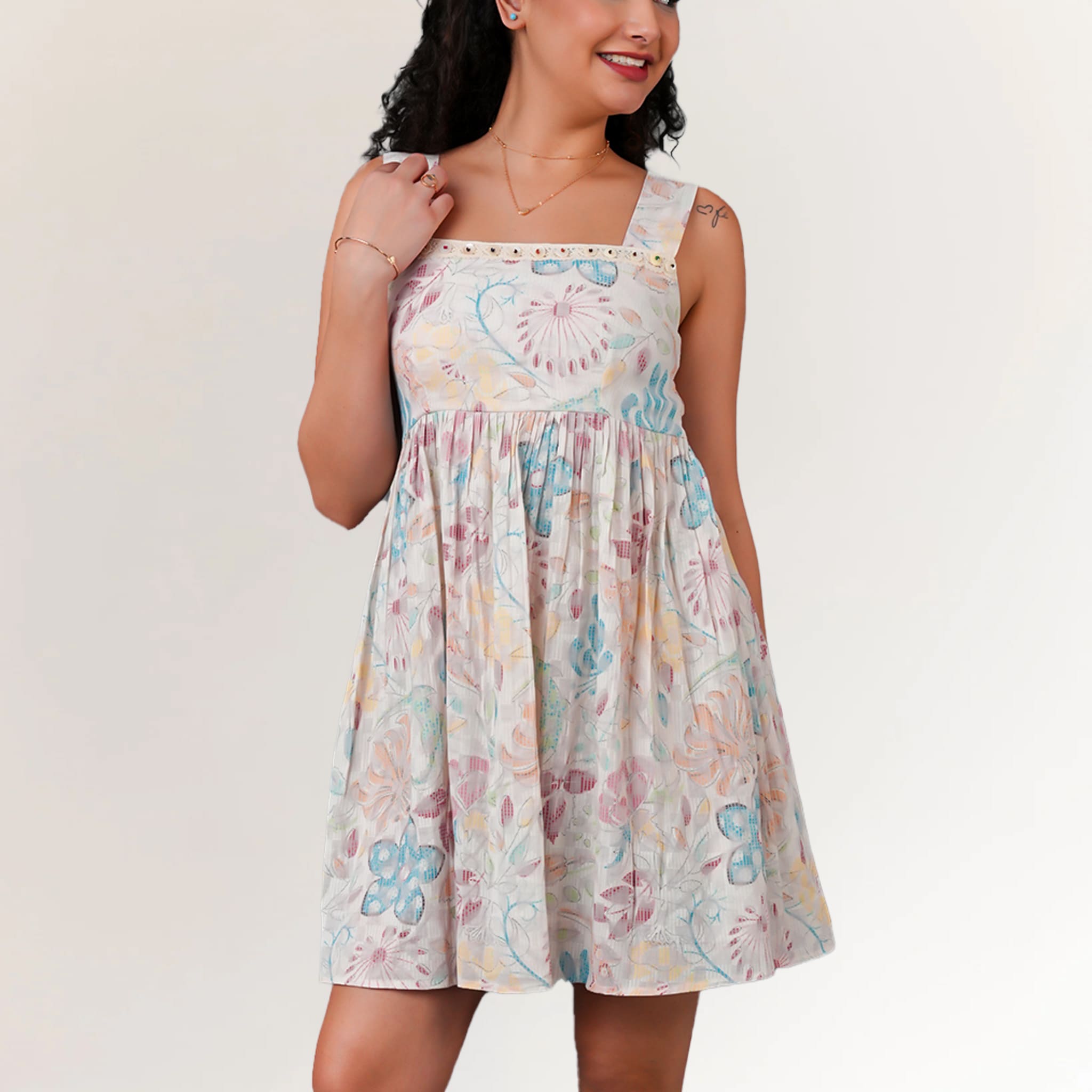 Cotton dobby printed mini dress for women