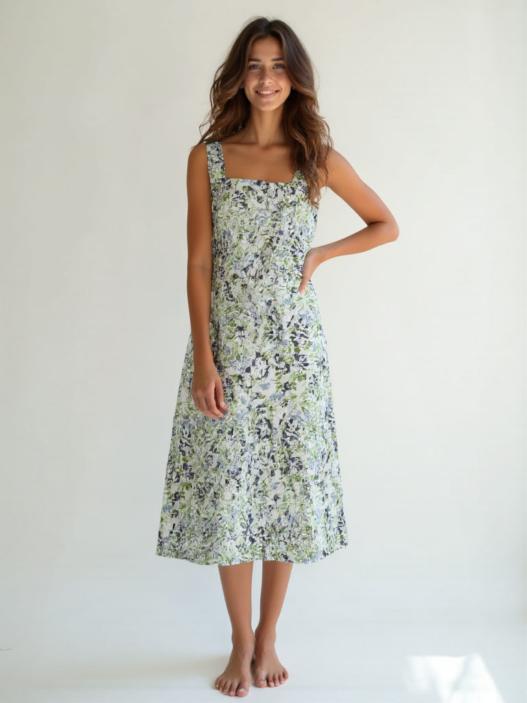 Cotton floral midi dress for women green printed A-line summer wear