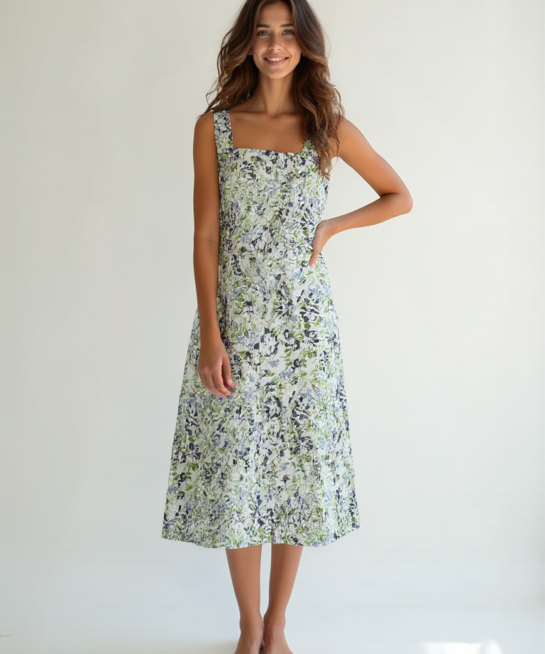 Cotton floral midi dress for women green printed A-line summer wear