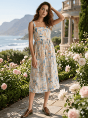 Cotton jute floral midi dress for women A-line summer sundress