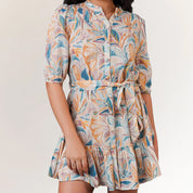 Cotton jute floral mini dress with button front