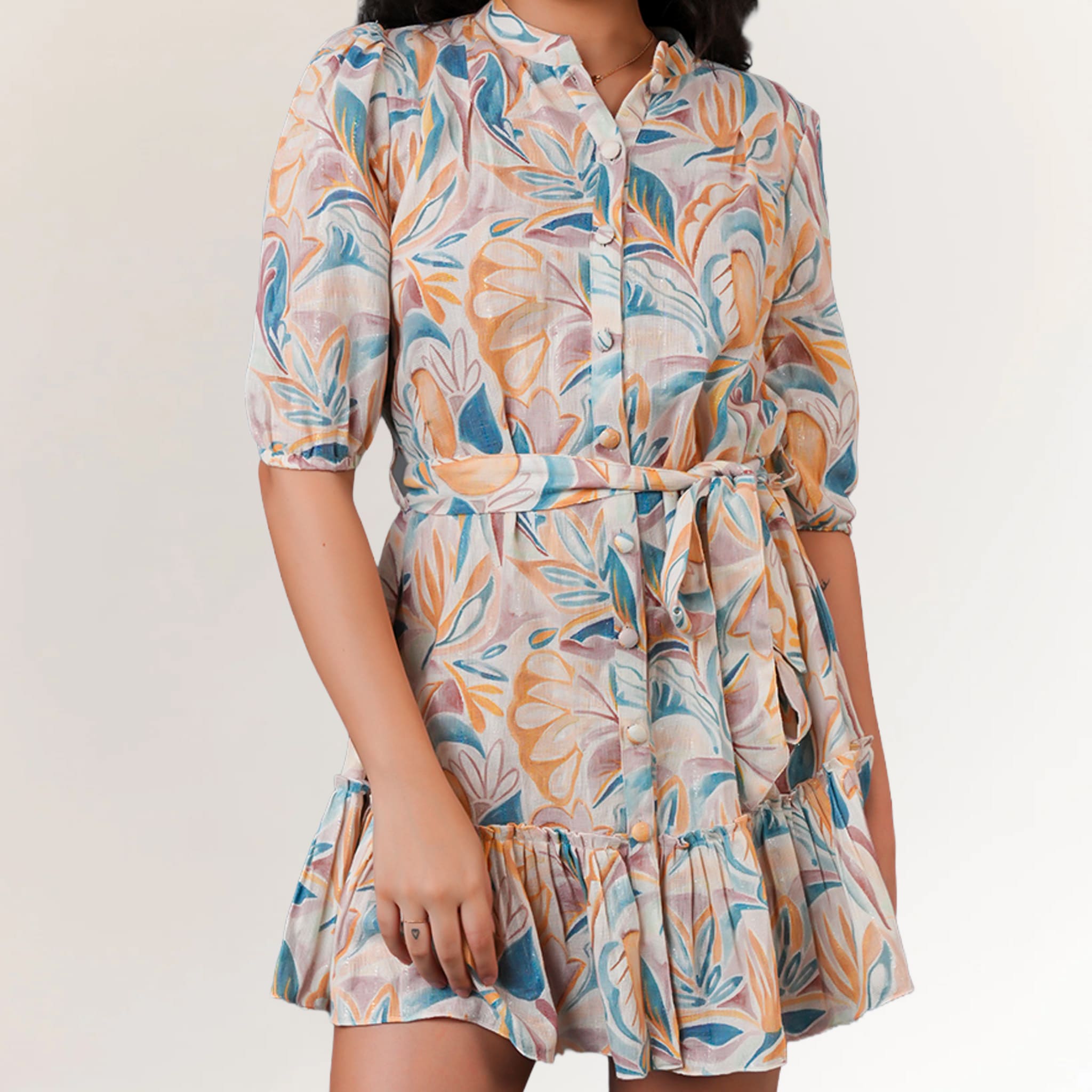 Cotton jute floral mini dress with button front
