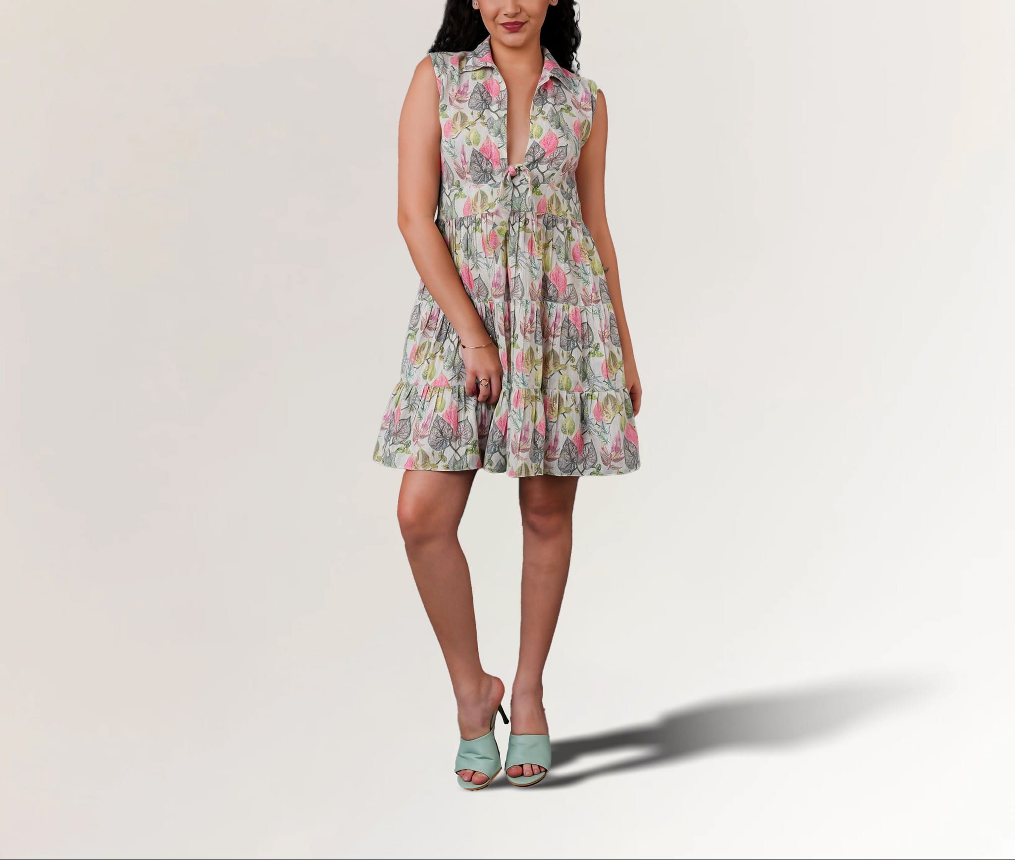 Cotton jute floral mini dress with collar