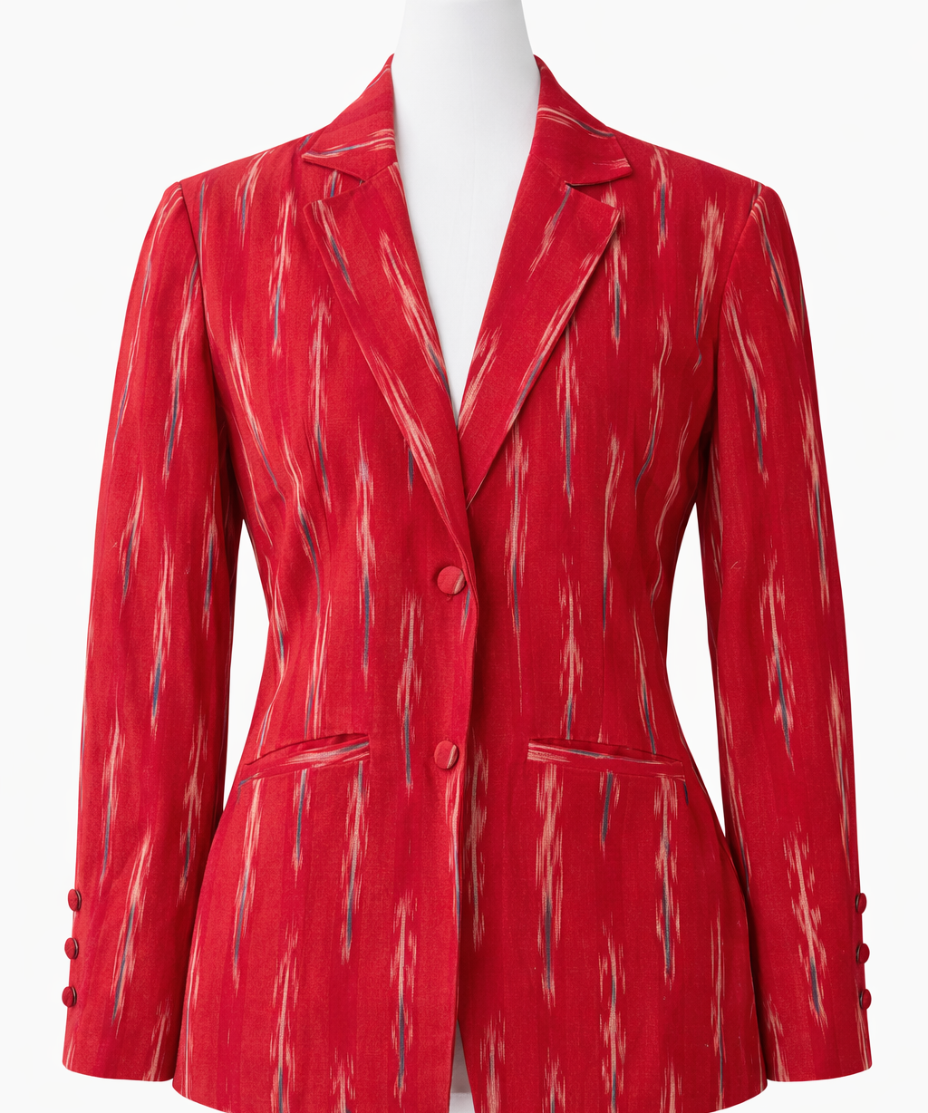 Ikat Cotton Blazer for Women Handwoven Ethnic Jacket Fitted Waist Notch Lapel
