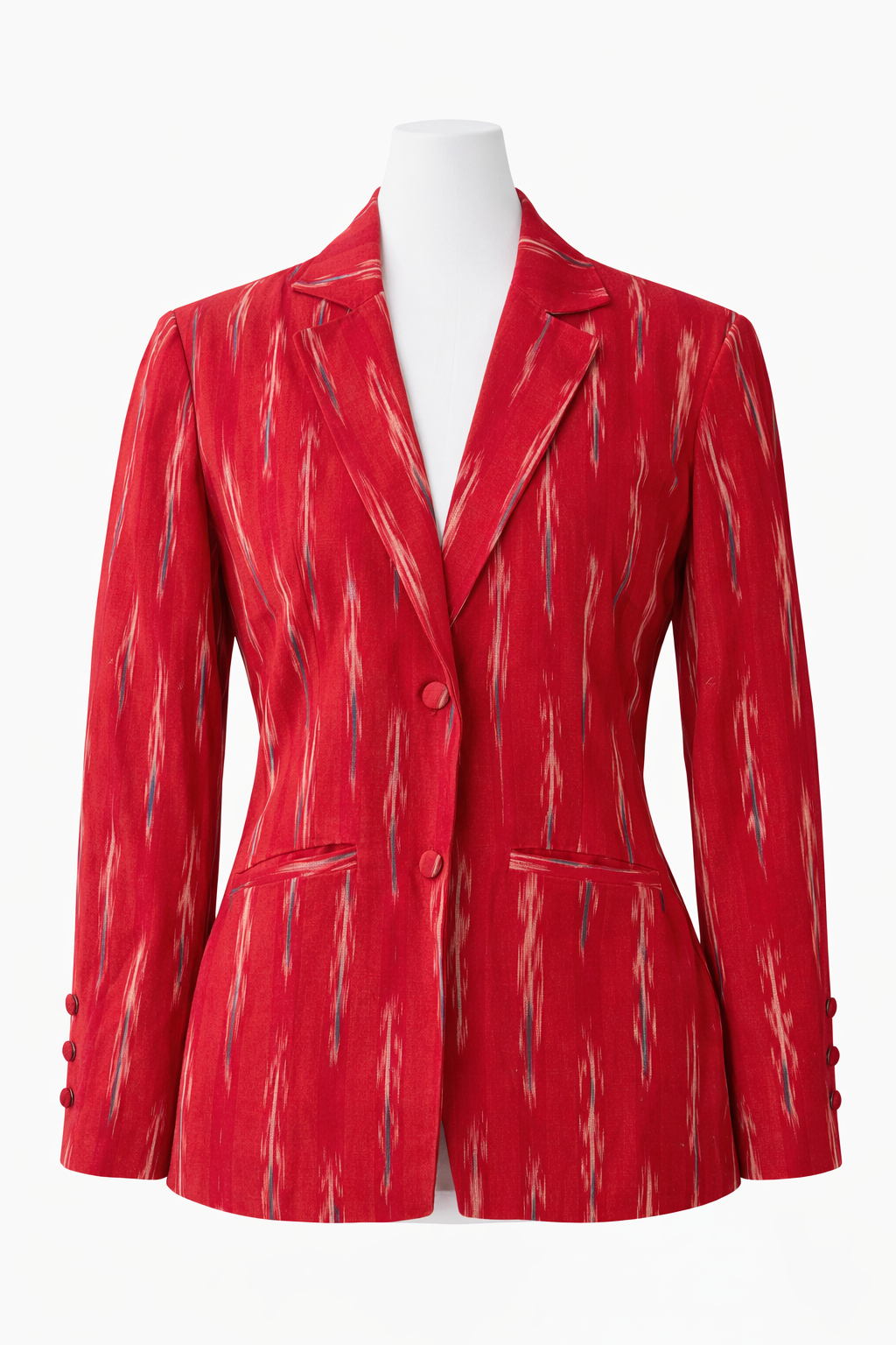 Ikat Cotton Blazer for Women Handwoven Ethnic Jacket Fitted Waist Notch Lapel