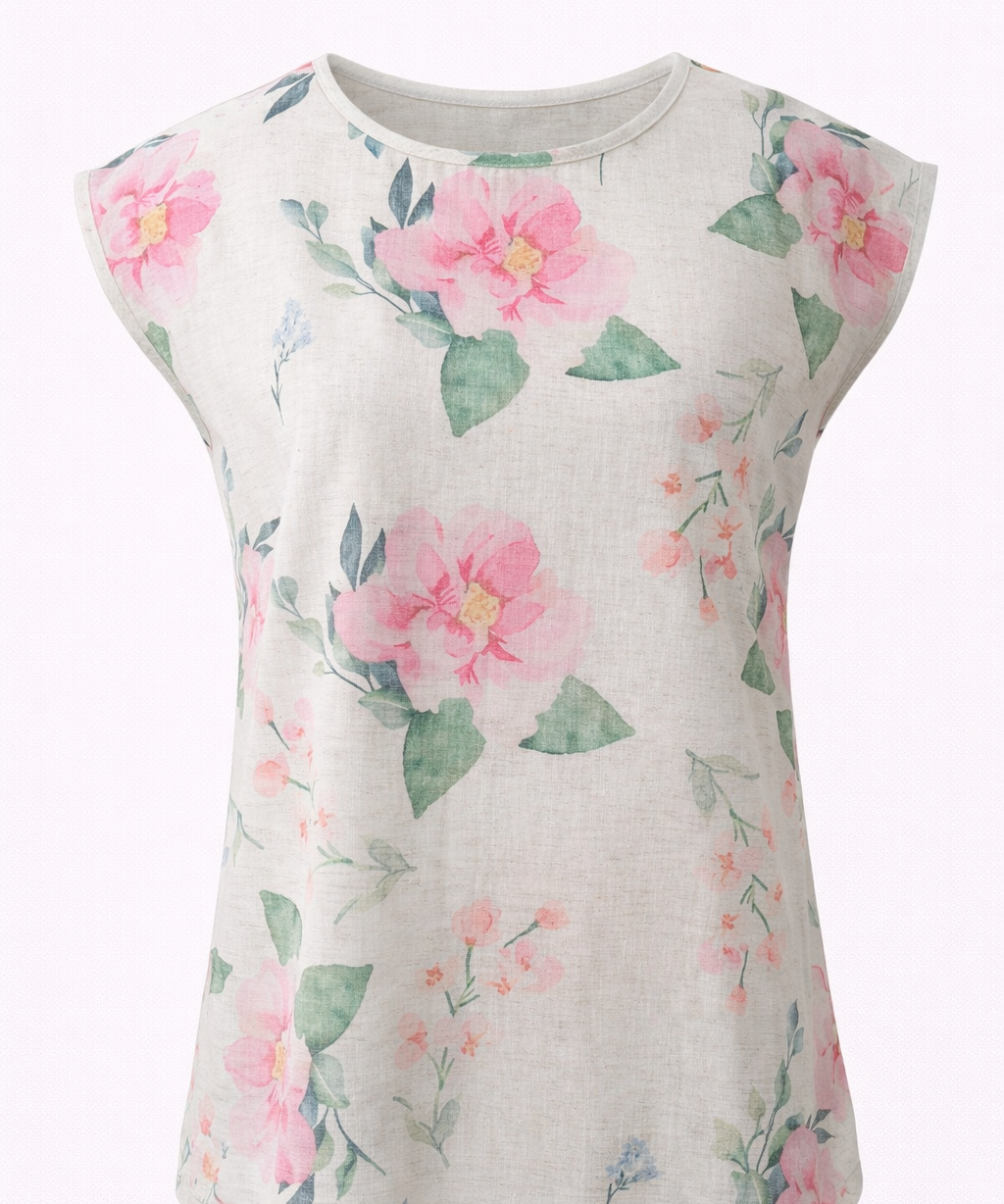 Floral Linen Co-ord Set Matching Sleeveless Top High Waist Pleated Shorts in Linen Blossom Ivory Camellia Print