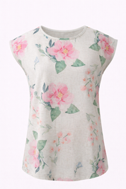 Floral Linen Co-ord Set Matching Sleeveless Top High Waist Pleated Shorts in Linen Blossom Ivory Camellia Print
