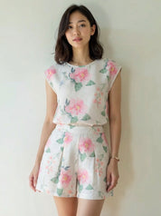 Floral Linen Co-ord Set Matching Sleeveless Top High Waist Pleated Shorts in Linen Blossom Ivory Camellia Print