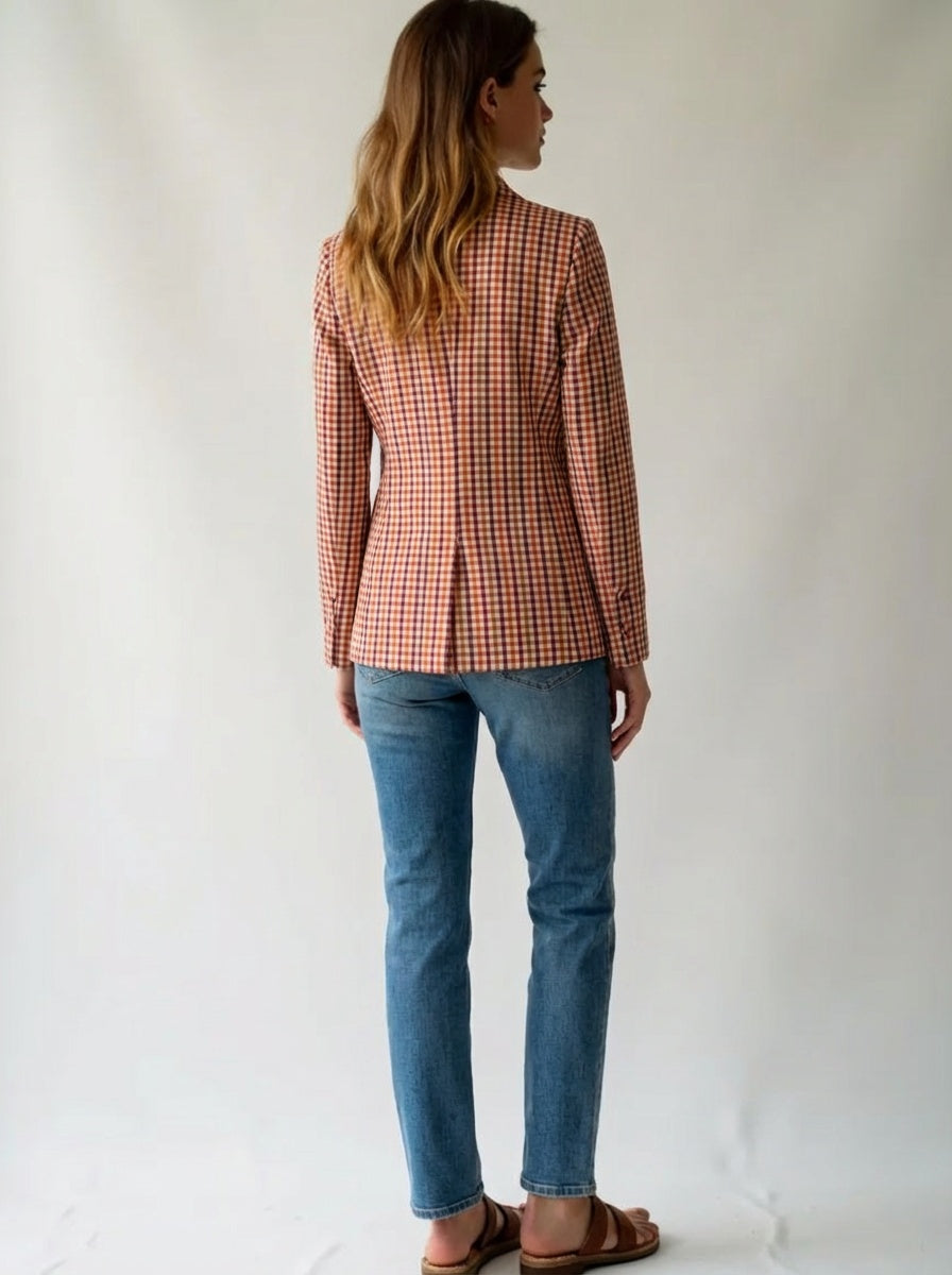 Handwoven Cotton Blazer for Women Slim Fit Check Plaid Jacket in Midnight Grid & Harvest Plaid