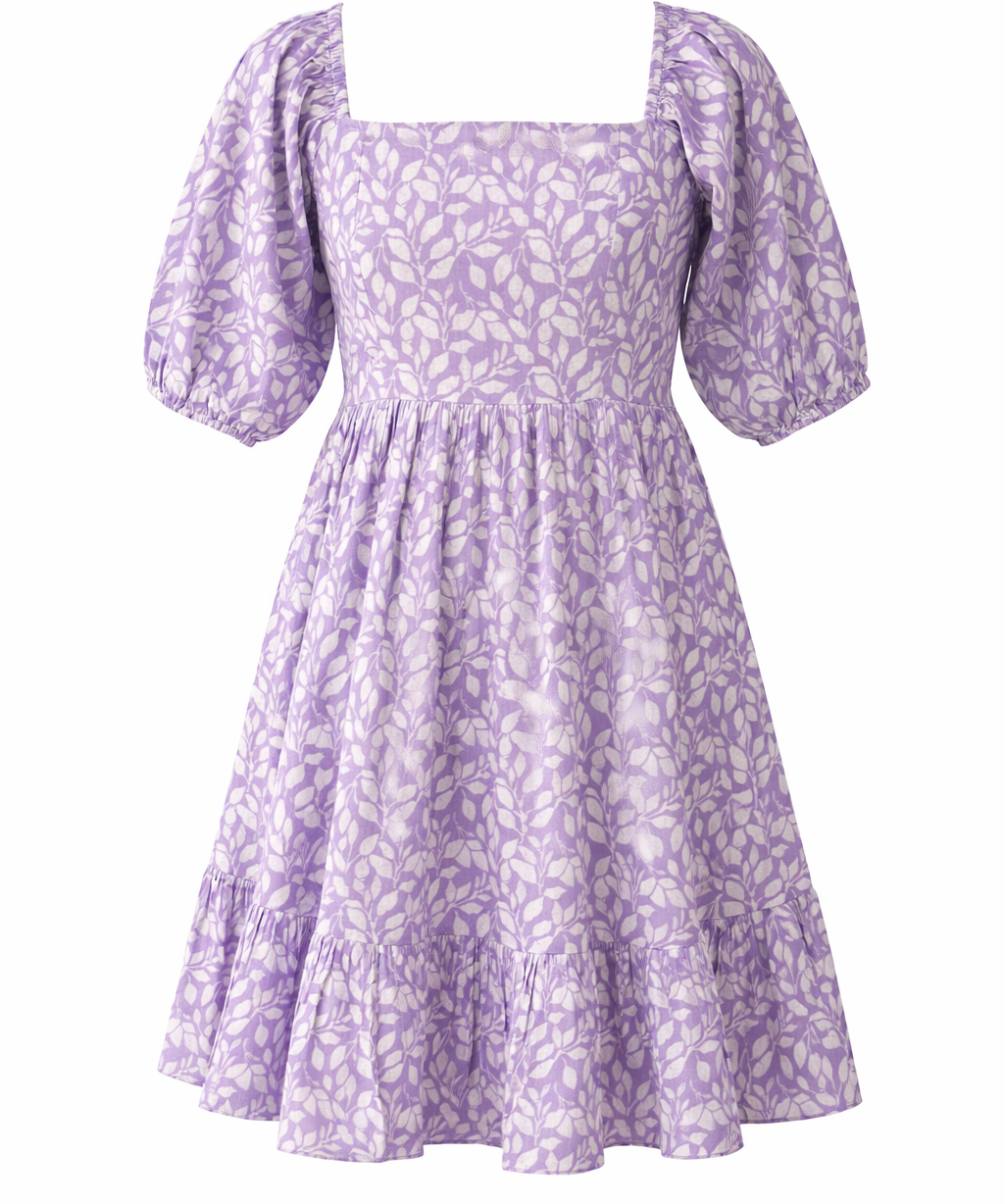 Printed Cotton Puff Sleeve Dress Women’s Square Neck Summer Dress