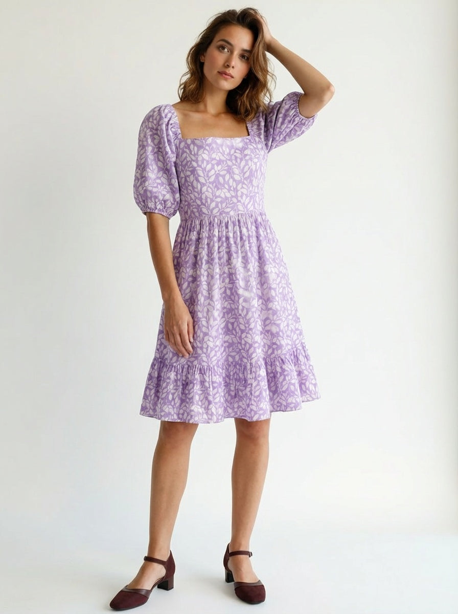 Printed Cotton Puff Sleeve Dress Women’s Square Neck Summer Dress