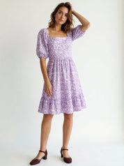 Printed Cotton Puff Sleeve Dress Women’s Square Neck Summer Dress