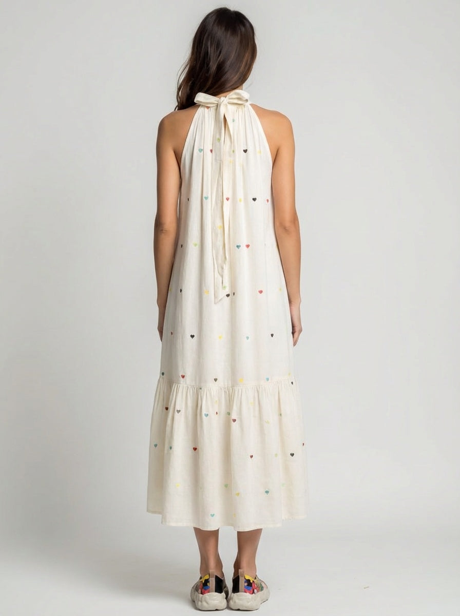 Pure Jamdani Handwoven Colorful Heart Embroidered Halter Neck Midi Summer Cotton Dress&nbsp;