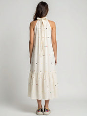 Pure Jamdani Handwoven Colorful Heart Embroidered Halter Neck Midi Summer Cotton Dress&nbsp;