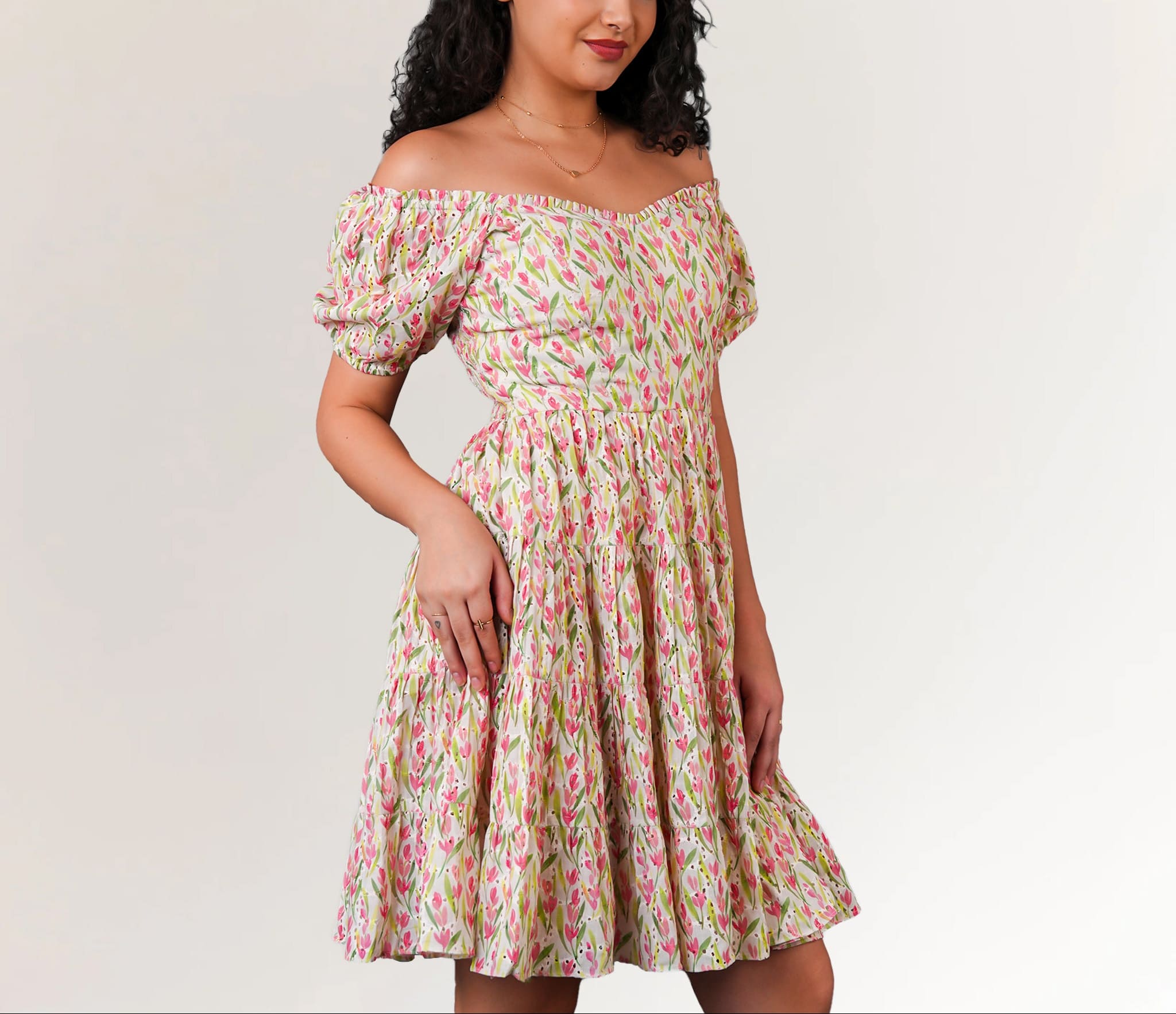 Eyelet cotton floral off shoulder mini dress