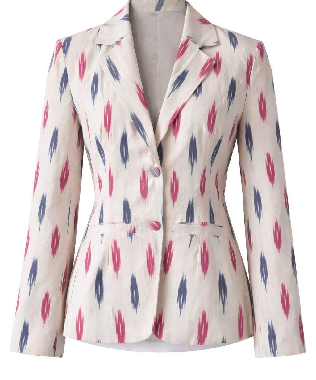 Ikat Cotton Blazer for Women Handwoven Ethnic Jacket Fitted Waist Notch Lapel