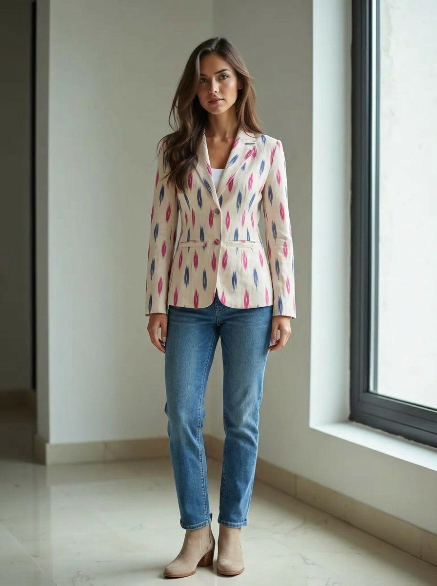Ikat Cotton Blazer for Women Handwoven Ethnic Jacket Fitted Waist Notch Lapel