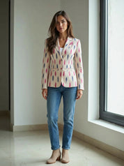 Ikat Cotton Blazer for Women Handwoven Ethnic Jacket Fitted Waist Notch Lapel