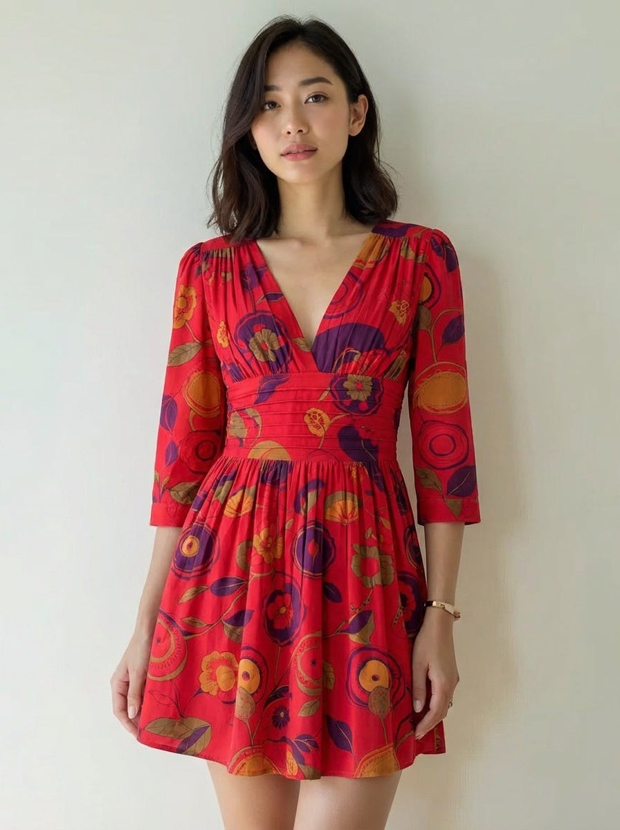 Floral Cotton Midi Dress for Women Long Sleeve V-Neck Linen Blossom Chambray Rose Boho Dress