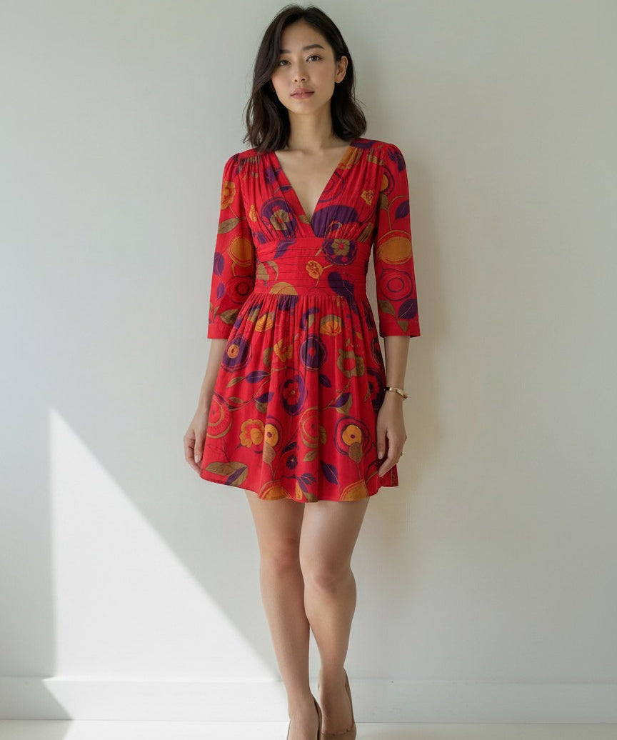 Floral Cotton Midi Dress for Women Long Sleeve V-Neck Linen Blossom Chambray Rose Boho Dress