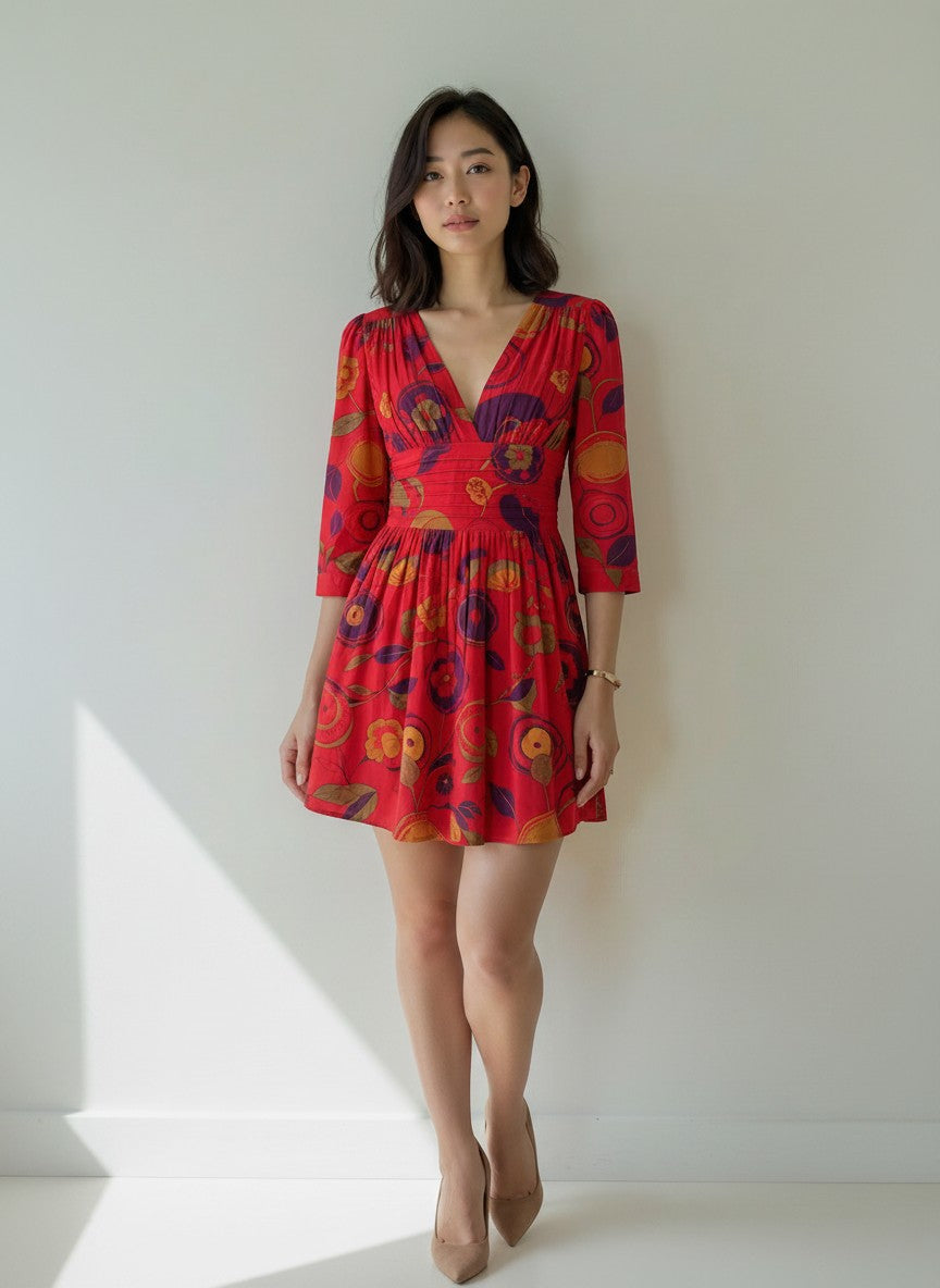 Floral Cotton Midi Dress for Women Long Sleeve V-Neck Linen Blossom Chambray Rose Boho Dress