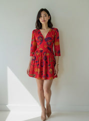 Floral Cotton Midi Dress for Women Long Sleeve V-Neck Linen Blossom Chambray Rose Boho Dress