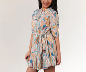 Floral cotton jute dress with waist tie
