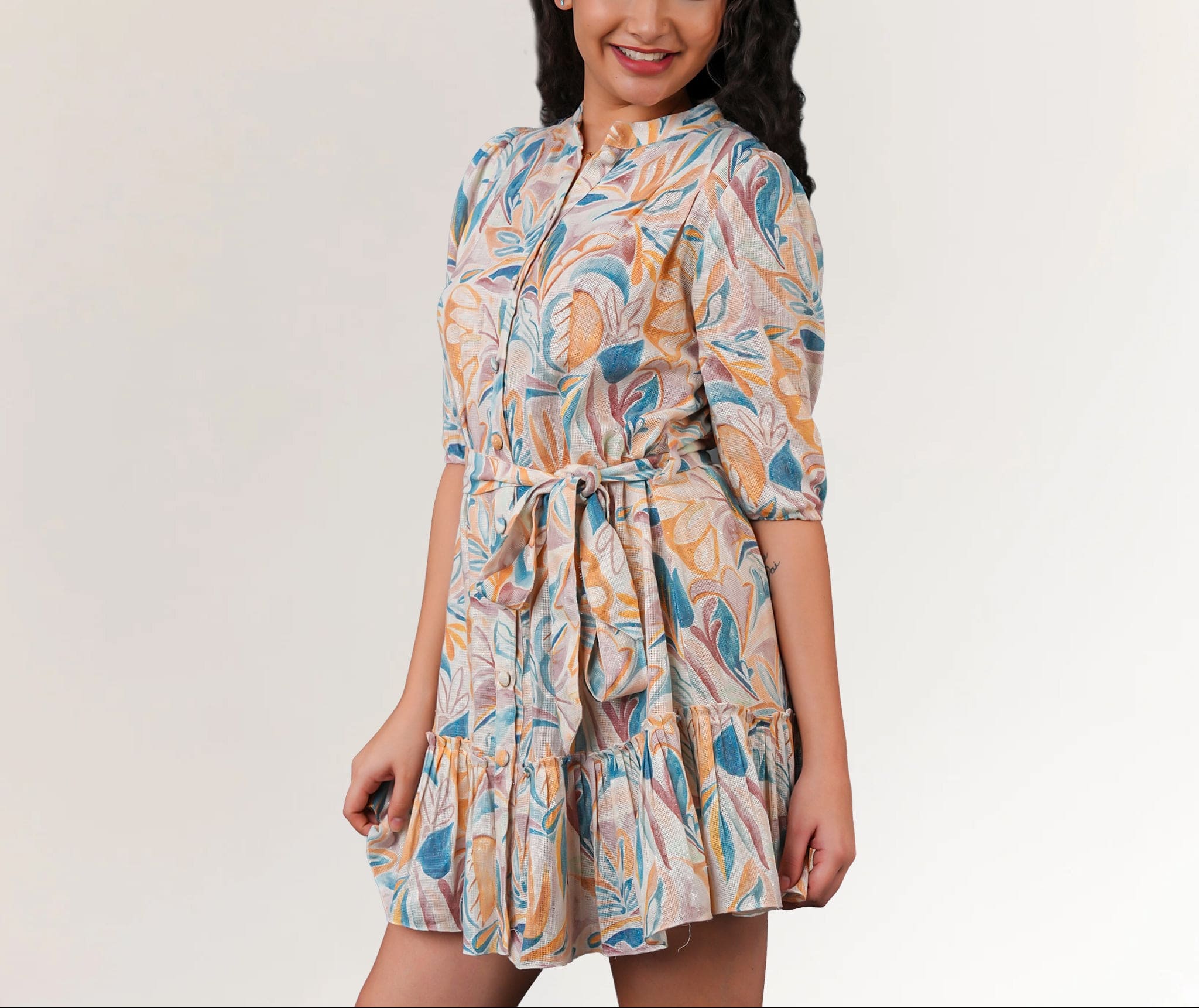 Floral cotton jute dress with waist tie