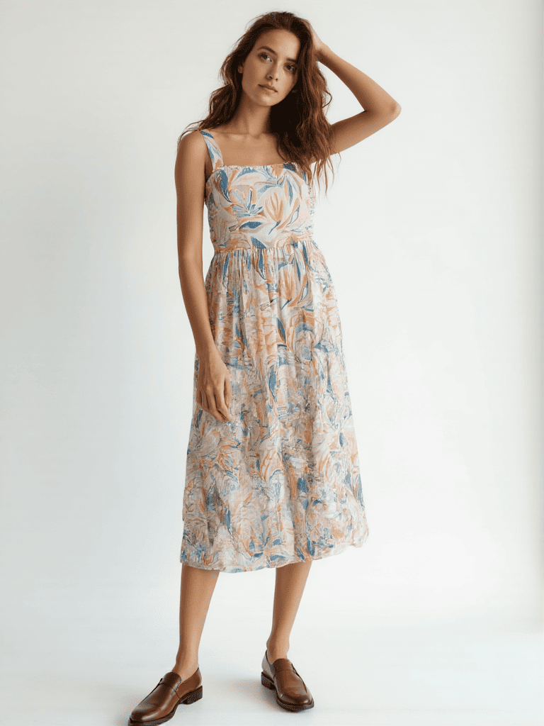 Floral cotton jute midi dress women square neck summer wear