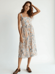 Floral cotton jute midi dress women square neck summer wear