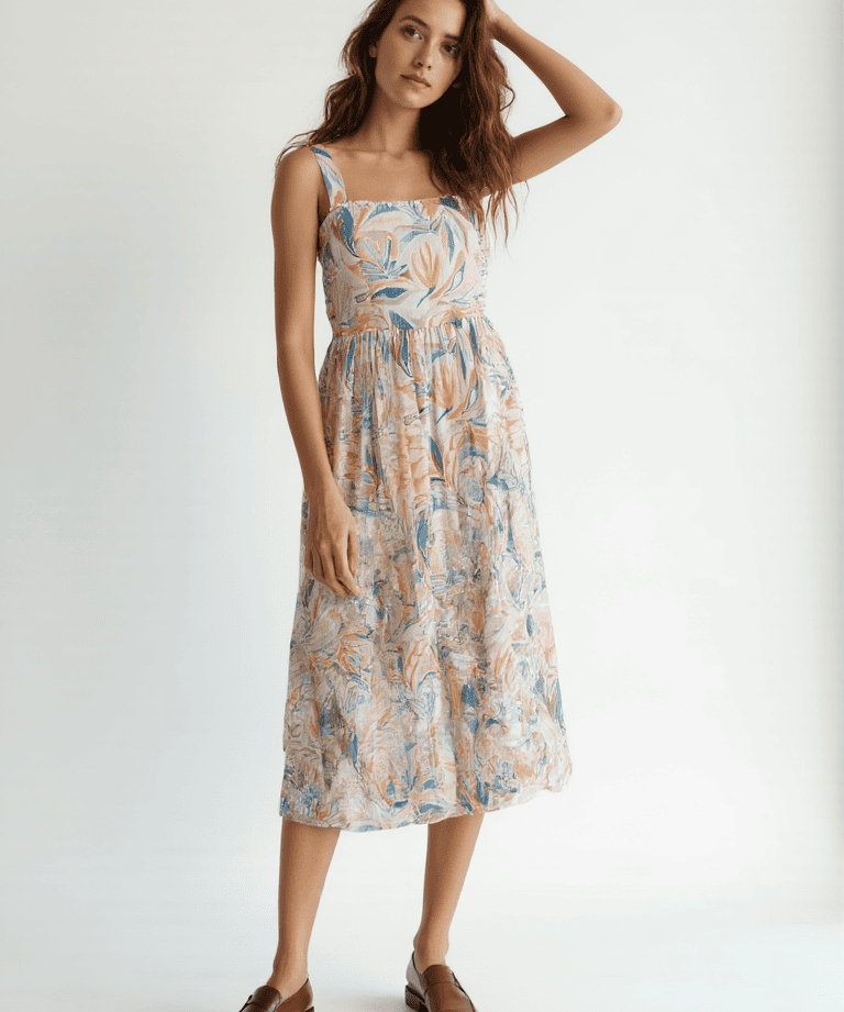 Floral cotton jute midi dress women square neck summer wear