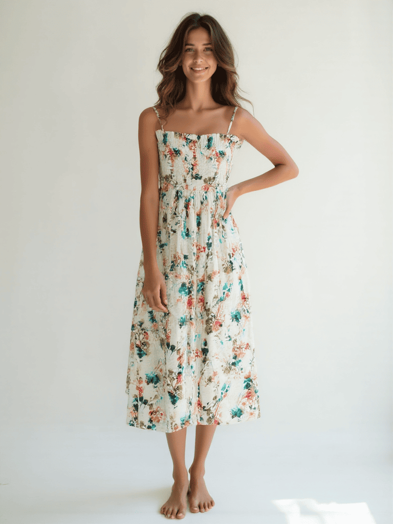 Floral cotton midi dress women A-line breathable summer wear