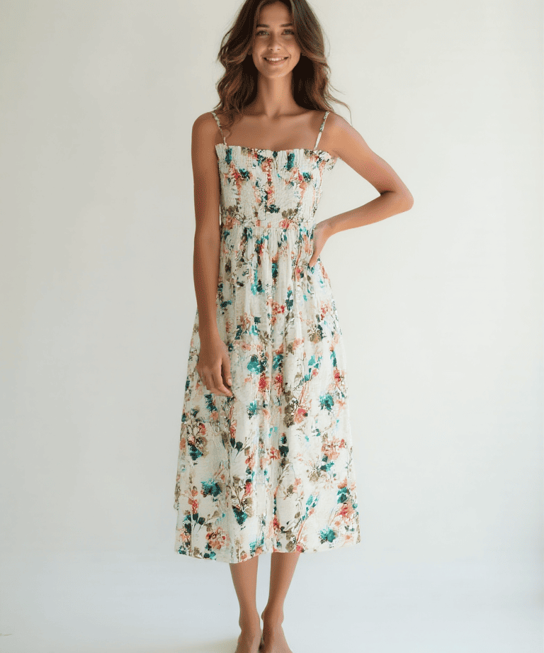 Floral cotton midi dress women A-line breathable summer wear