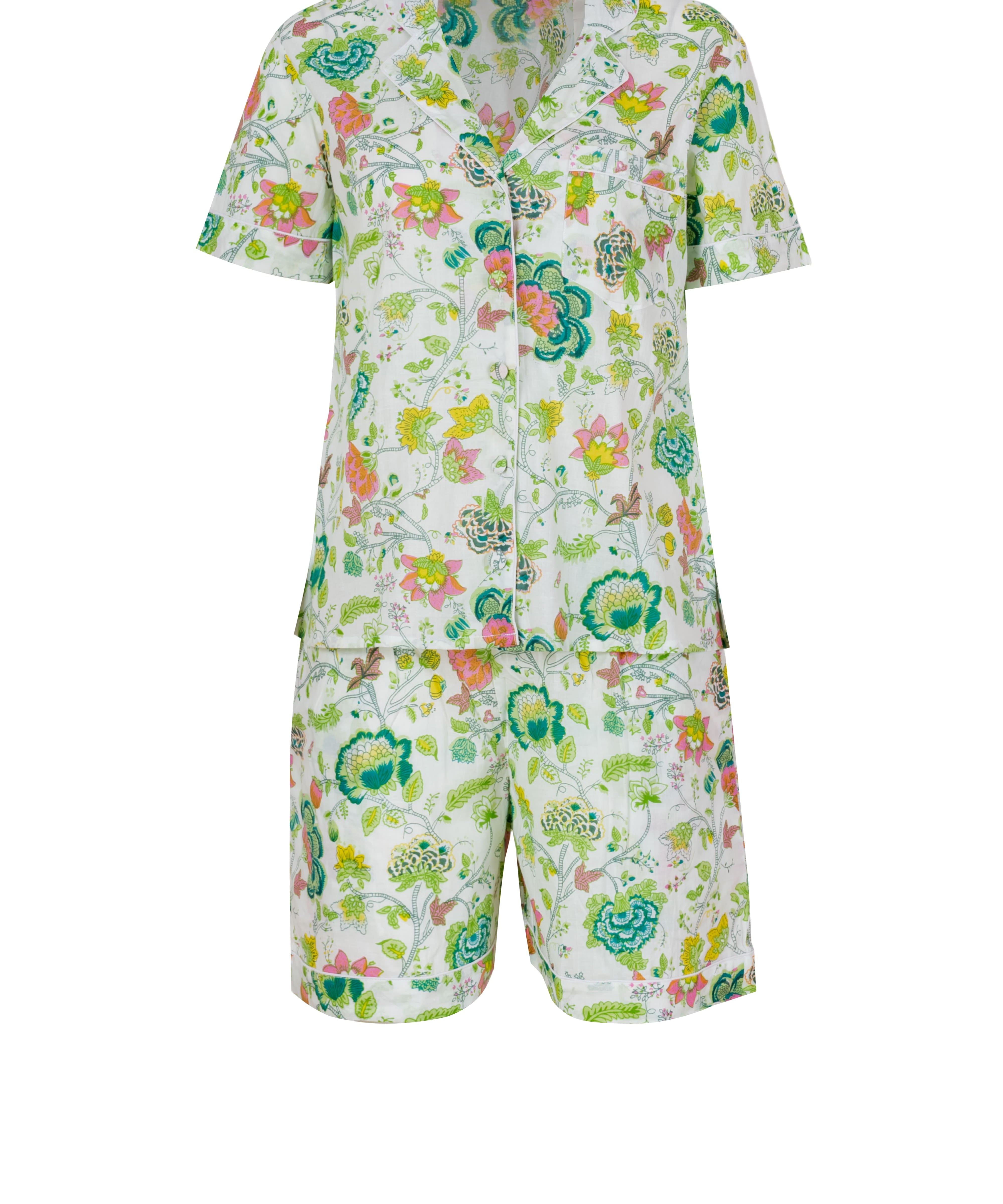 Floral cotton nightwear set for women with button-down top and shorts