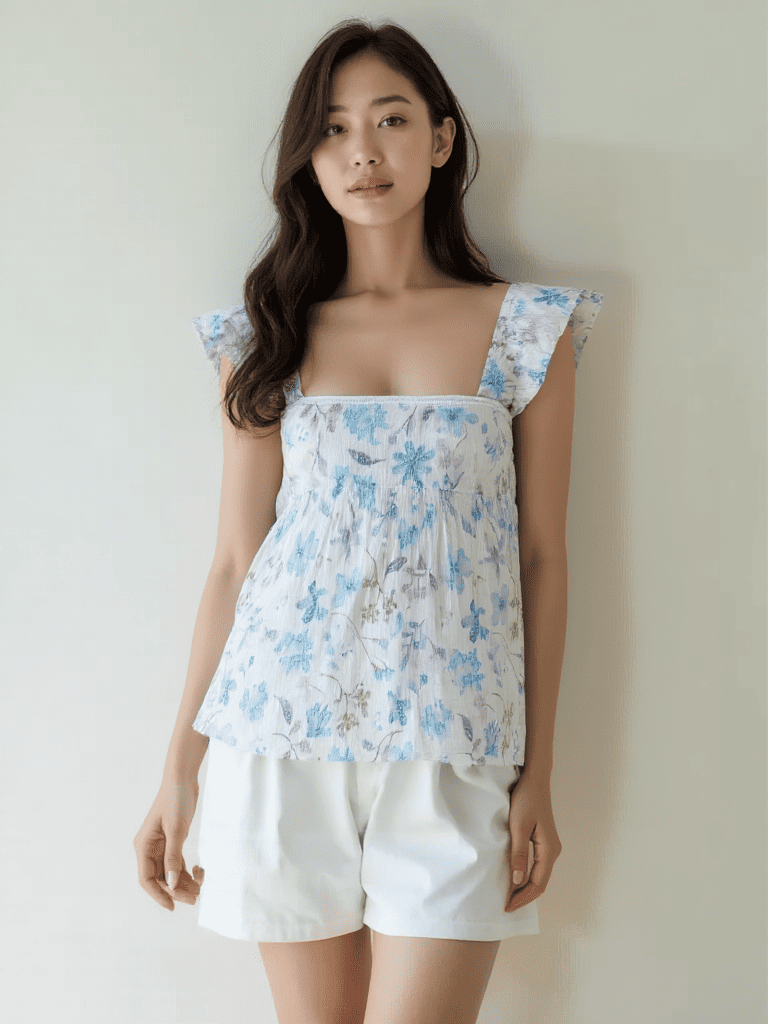 Floral cotton sleeveless top for women blue pastel summer wear