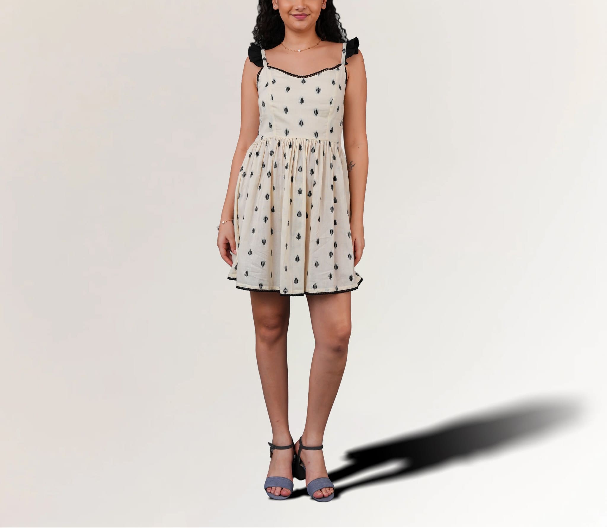 Cotton Embroidered Mini Dress for Women in Ivory