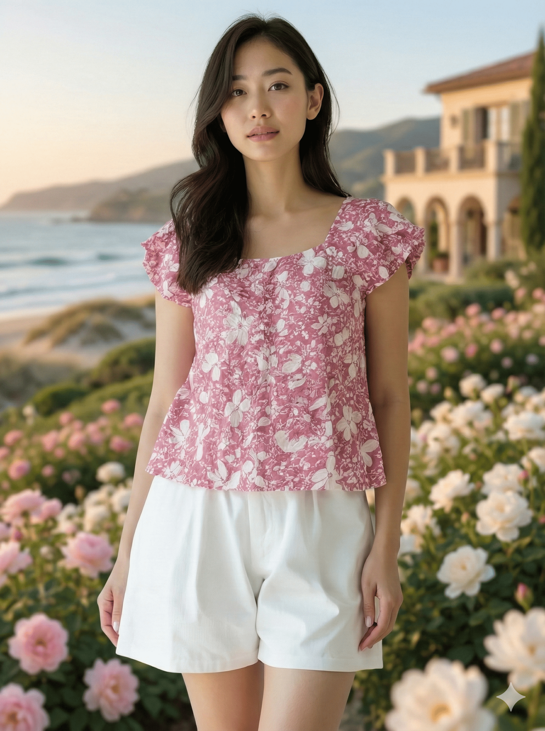 Floral Cotton Ruffle Sleeve Top for Women