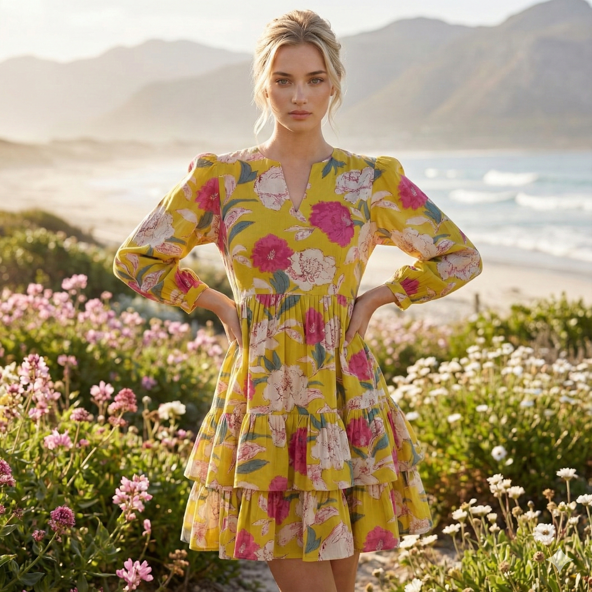 Yellow Floral Tiered Cotton Boho Dress