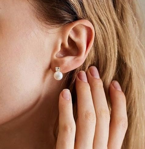 925 Sterling Silver 8-9mm Natural Pearl Stud Earrings