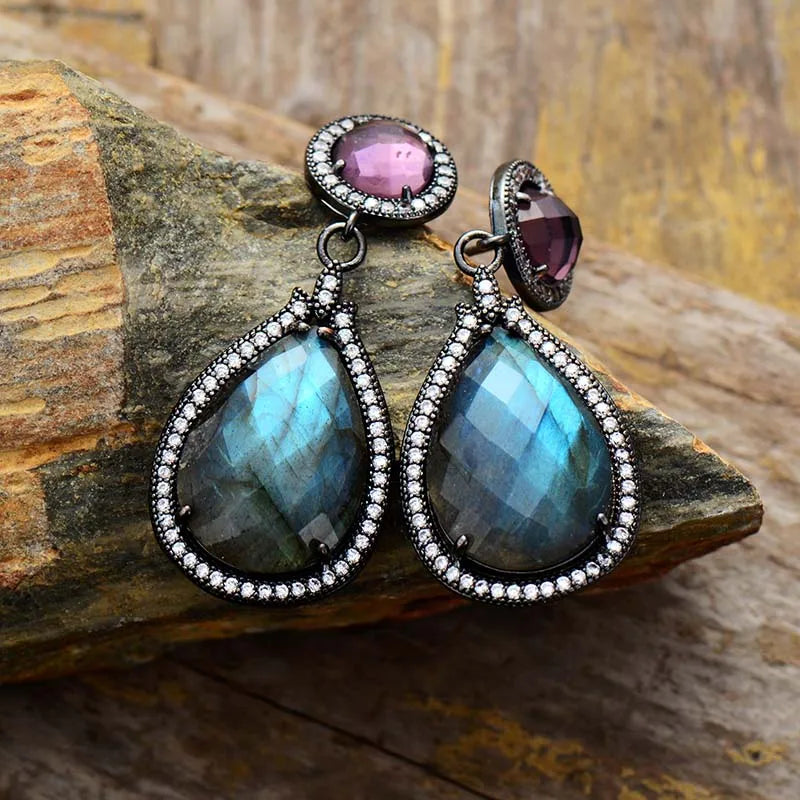 Natural Labradorite Teardrop Dangle Gemstone Earrings
