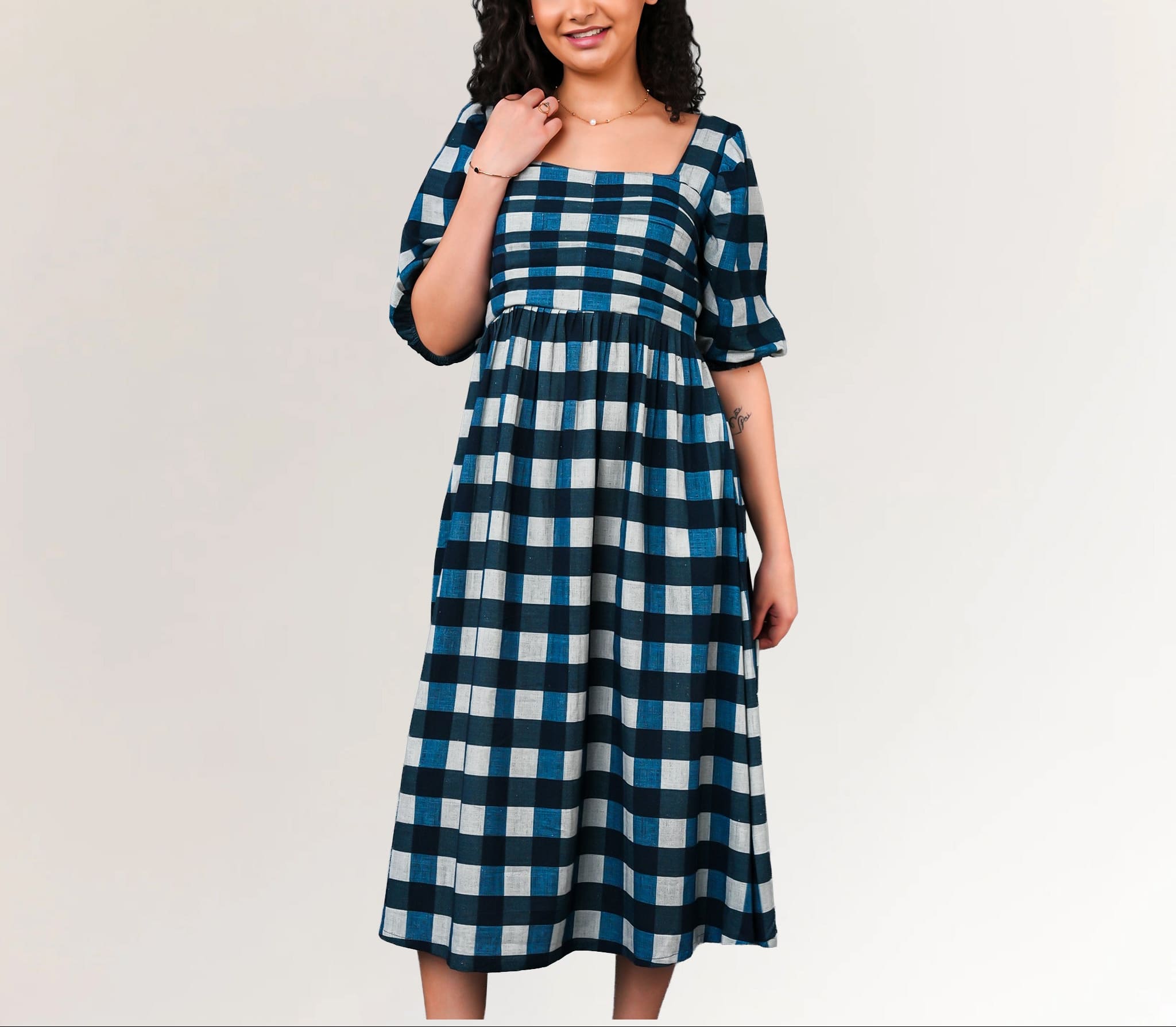 Handloom cotton checkered midi dress for women