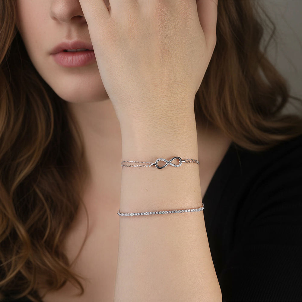 925 Sterling Silver D Color Moissanite Double Chain Infinity Bracelet