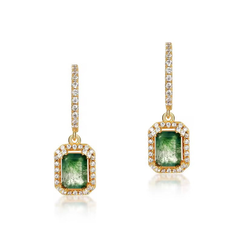 925 Silver 4*4mm Natural Moss Agate Drop Earrings